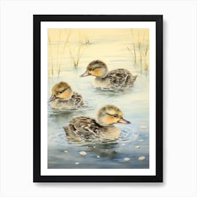 Ducklings Swimming Japanese Woodblock Style 1 Art Print