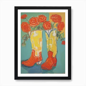 Painting Of Roses Flowers And Cowboy Boots, Oil Style 6 Art Print