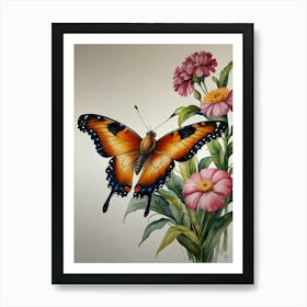 Butterfly On Flowers Art Print