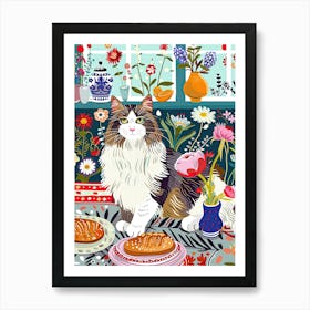 Tea Time With A Norwegian Forest Cat 1 Art Print