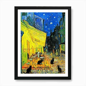 Café Cats at Night - Vincent Van Gogh Café Terrace at Night 1888 Funny Black Cats Famous Art Kitsch Vintage Art With Added Black Cat in HD Art Print