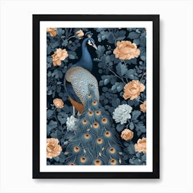 Black & Grey Floral Peacock Art Print