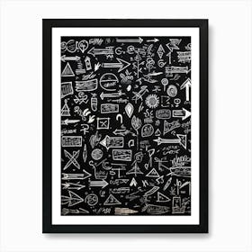 Blackboard Covered In A Collage Of Hand Drawn Icons Arrows And Abstract Doodles Symbolizing Direc (7) Art Print