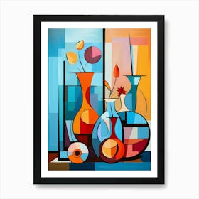 Still Life V, Avant Garde Abstract Vibrant Painting in Cubism Picasso Style Art Print