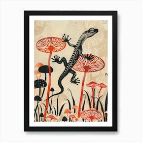 Lizard On The Mushrooms Wood Block Style 2 Art Print