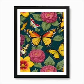 Seamless Pattern With Butterflies And Flowers 12 Art Print