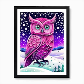 Pink Owl Snowy Landscape Painting (160) Art Print