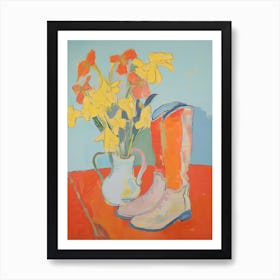 Painting Of Yellow Flowers And Cowboy Boots, Oil Style 5 Art Print