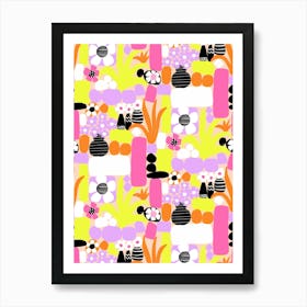 Pink, Purple, Yellow, Orange Botanical Paper Cut Out and Doodle Mod Art Collage Art Print