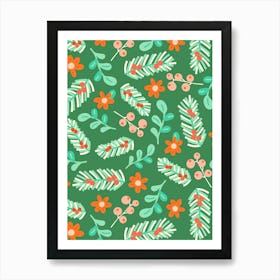 Green and Red Mistletoe and Winter Botanicals on Green Art Print