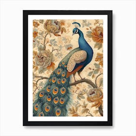 Vintage Sepia Peacock In A Floral Tree Wallpaper Inspired 1 Art Print