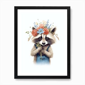 Raccoon Cute Illustration With Flowers 2 Art Print