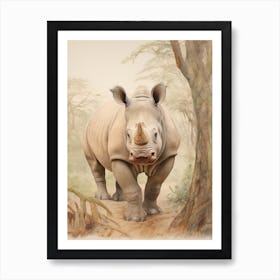 Vintage Illustration Of A Rhino Walking Through The Jungle 2 Art Print