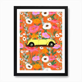 Floral Vintage Yellow Car Art Print