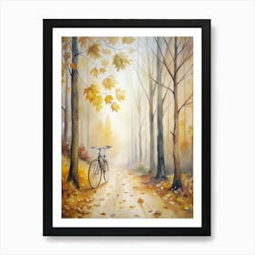 A Foggy Forest Trail Golden Leaves Falling Gentl (1) Art Print