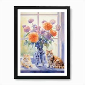 Cat With Daises Flowers Watercolor Mothers Day Valentines 4 Art Print