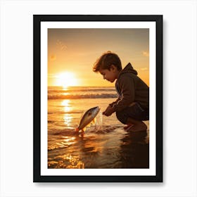 A Young Person Engaging In Play With A Fish Near The Waters Edge On A Sandy Beach Golden Hour Ligh (2) Art Print