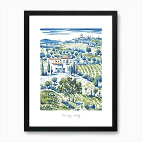Tuscany Italy Hills Illustration Line Art Travel Blue Art Print
