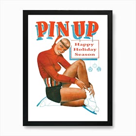 Happy Holiday Season With Pinup Ice Skating Girl with Beautiful Legs Art Print