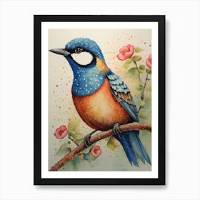 Blue Titmice Bird Floral Painting Art Print