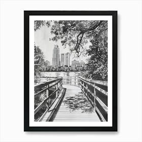 Lady Bird Lake And The Boardwalk Austin Texas Black And White Drawing 2 Art Print