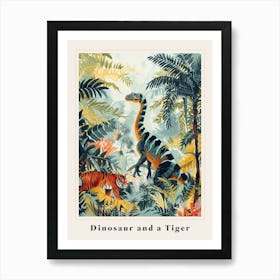 Dinosaur And A Tiger In A Tropical Rainforest Poster Art Print