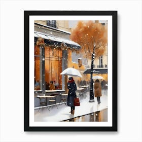 Paris cafes, winter season, Christmas, autumn oil colors, pale colors, pedestrians in the street, winter clothes, falling snow.Christmas decorations.6 2 Art Print