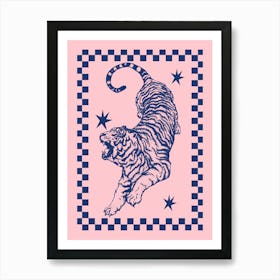 Tiger On Pink | Retro Tiger with Checkerboard Border Art Print