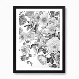 Great Japan Hokusai Black And White Flowers 1 Art Print