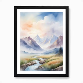 Watercolor Of Mountain Landscape Art Print