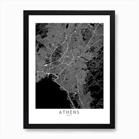 Athens Black And White Map Art Print