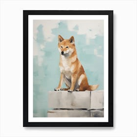 Shiba Inu Dog, Painting In Light Teal And Brown 1 Art Print