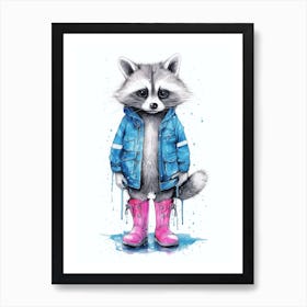 Pink Boots Raccoon In Blue Jacket  Art Print