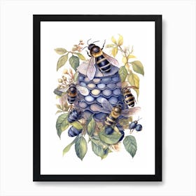 Blueberry Bee Beehive Watercolour Illustration 1 Art Print