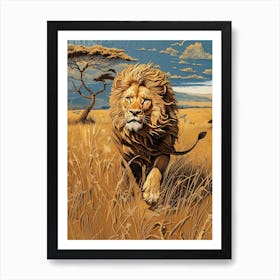 African Lion Relief Illustration Hunting 1 Art Print