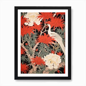 Red Spider Lily And Crane Vintage Japanese Botanical Art Print