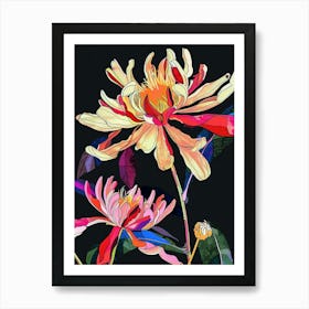 Neon Flowers On Black Chrysanthemum 1 Art Print