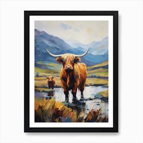 Brushstroke Style Highland Cows In The Valley Art Print