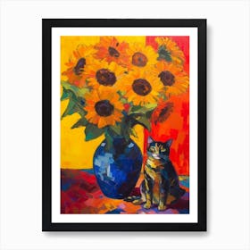 Sunflower With A Cat 1 Fauvist Style Painting Art Print