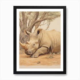 Rhino Lying Under The Tree Detailed Illustration 1 Art Print