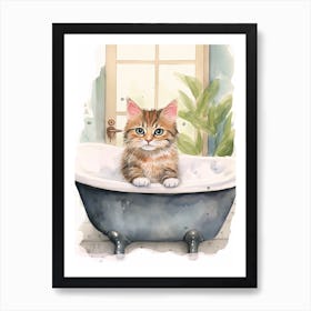 Kurilian Bobtail Cat In Bathtub Botanical Bathroom 3 Art Print