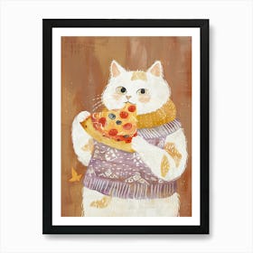 Cute White Cat Pizza Lover Folk Illustration 1 Art Print