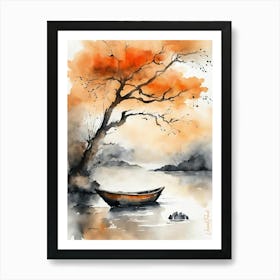 Small Boat Ink Painting Orange Art Print