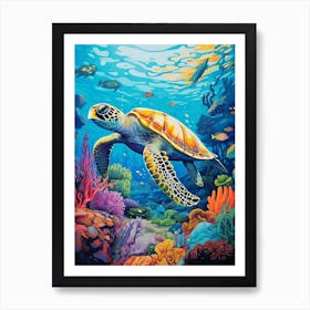 Sea Turtle In The Ocean Linograph Illustration 3 Art Print