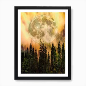 Full Moon In The Forest Nature Pine Trees Sky Night Art Print
