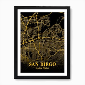 San Diego Gold City Map 1 Art Print