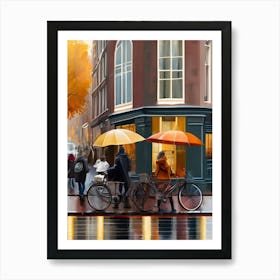 Amsterdam cafes, autumn season, rain, autumn oil colours.Faded colours,People passing on the street, winter clothes, rain umbrellas..9 1 Art Print