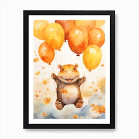 Hippopotamus Flying With Autumn Fall Pumpkins And Balloons Watercolour Nursery 1 Art Print