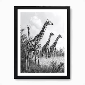 Pencil Portrait Herd Of Giraffes In The Wild  1 Art Print