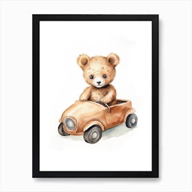 Baby Penguin On A Toy Car, Watercolour Nursery 1 Art Print